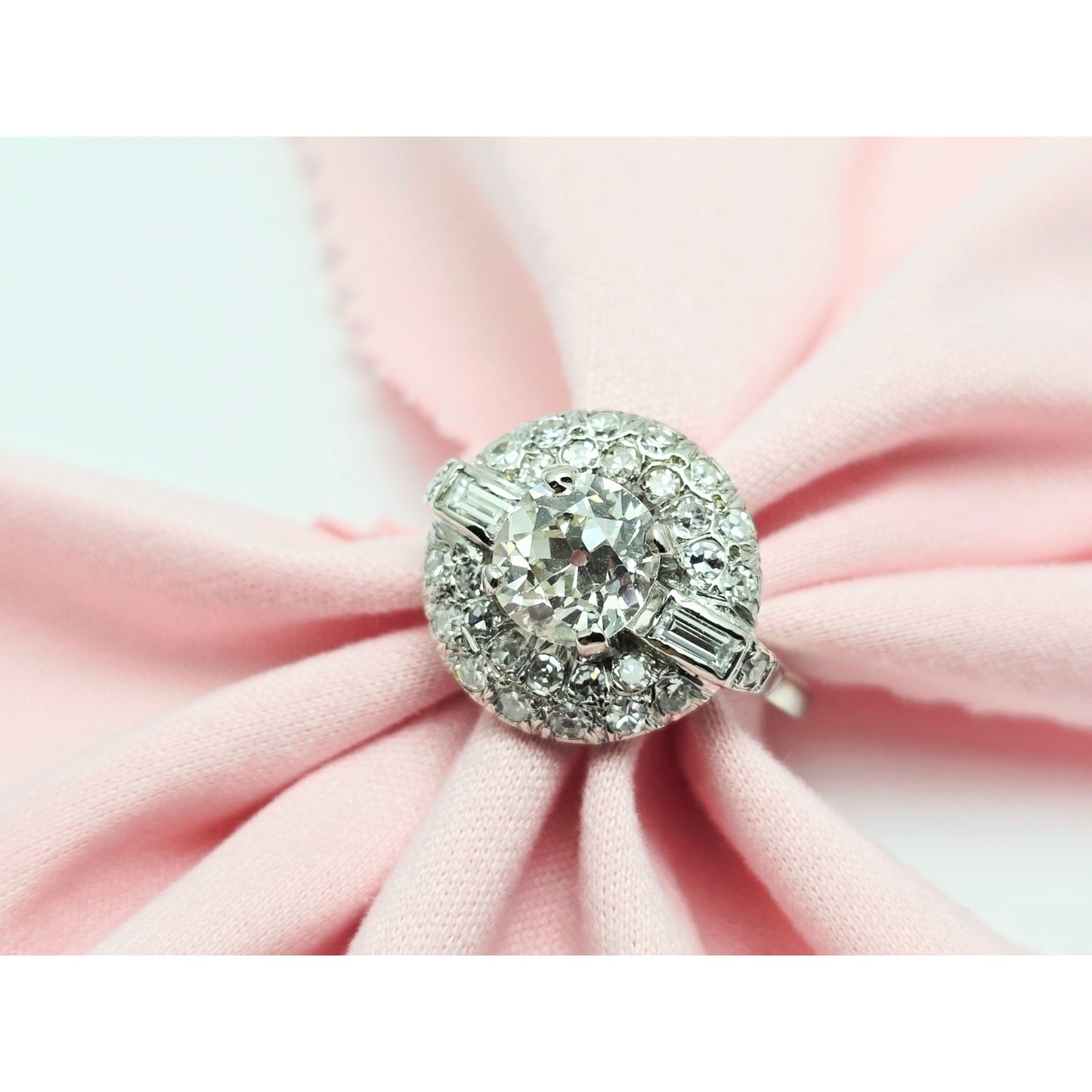 European Cut Art Deco 14K White Gold Round Diamond Engagement Ring 1.97ct