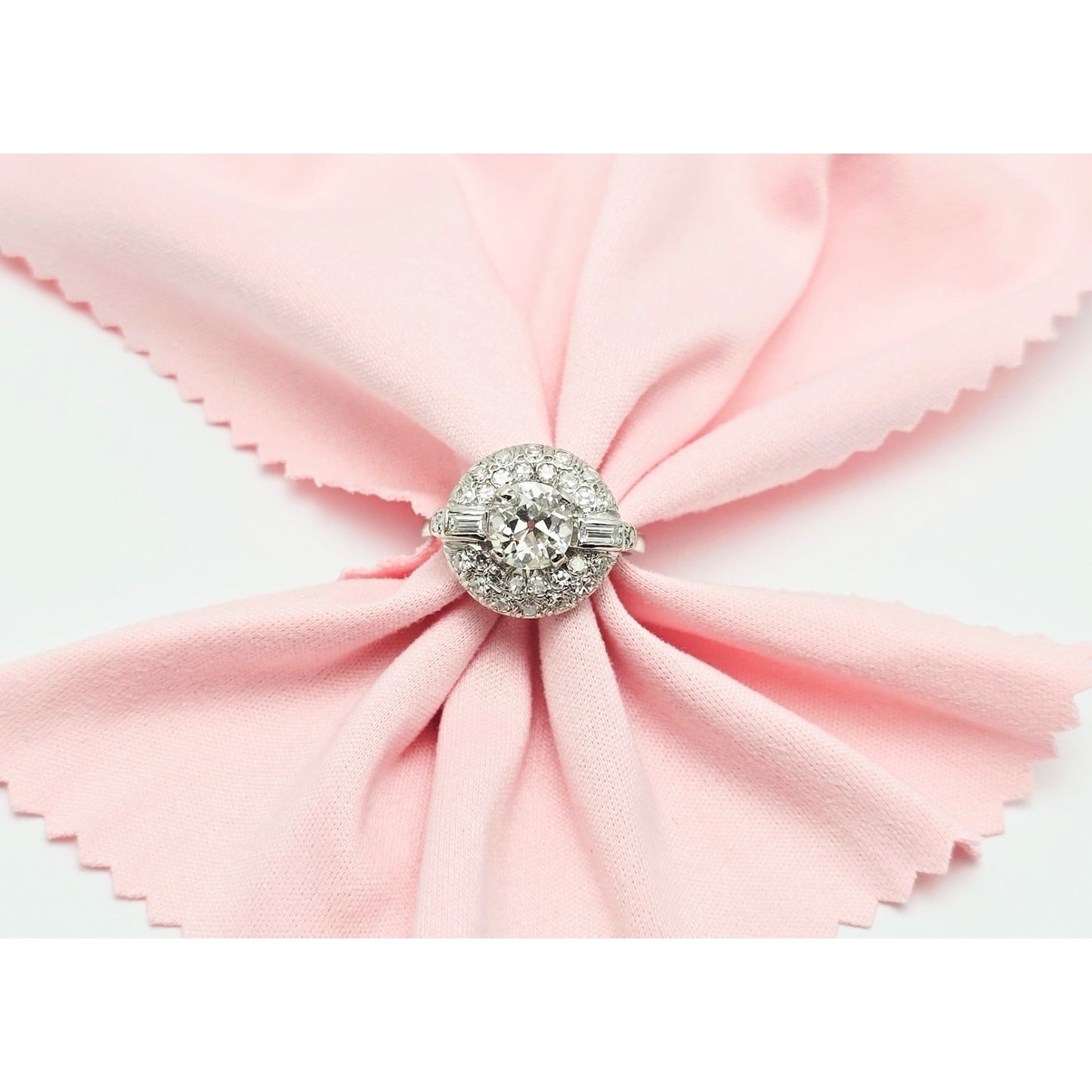 European Cut Art Deco 14K White Gold Round Diamond Engagement Ring 1.97ct