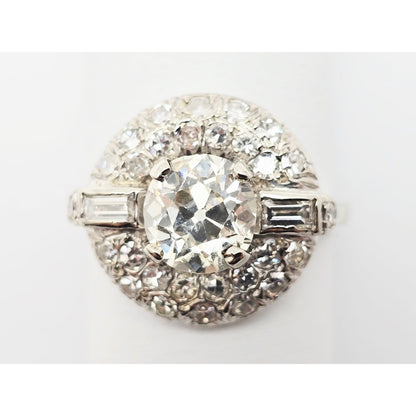 European Cut Art Deco 14K White Gold Round Diamond Engagement Ring 1.97ct