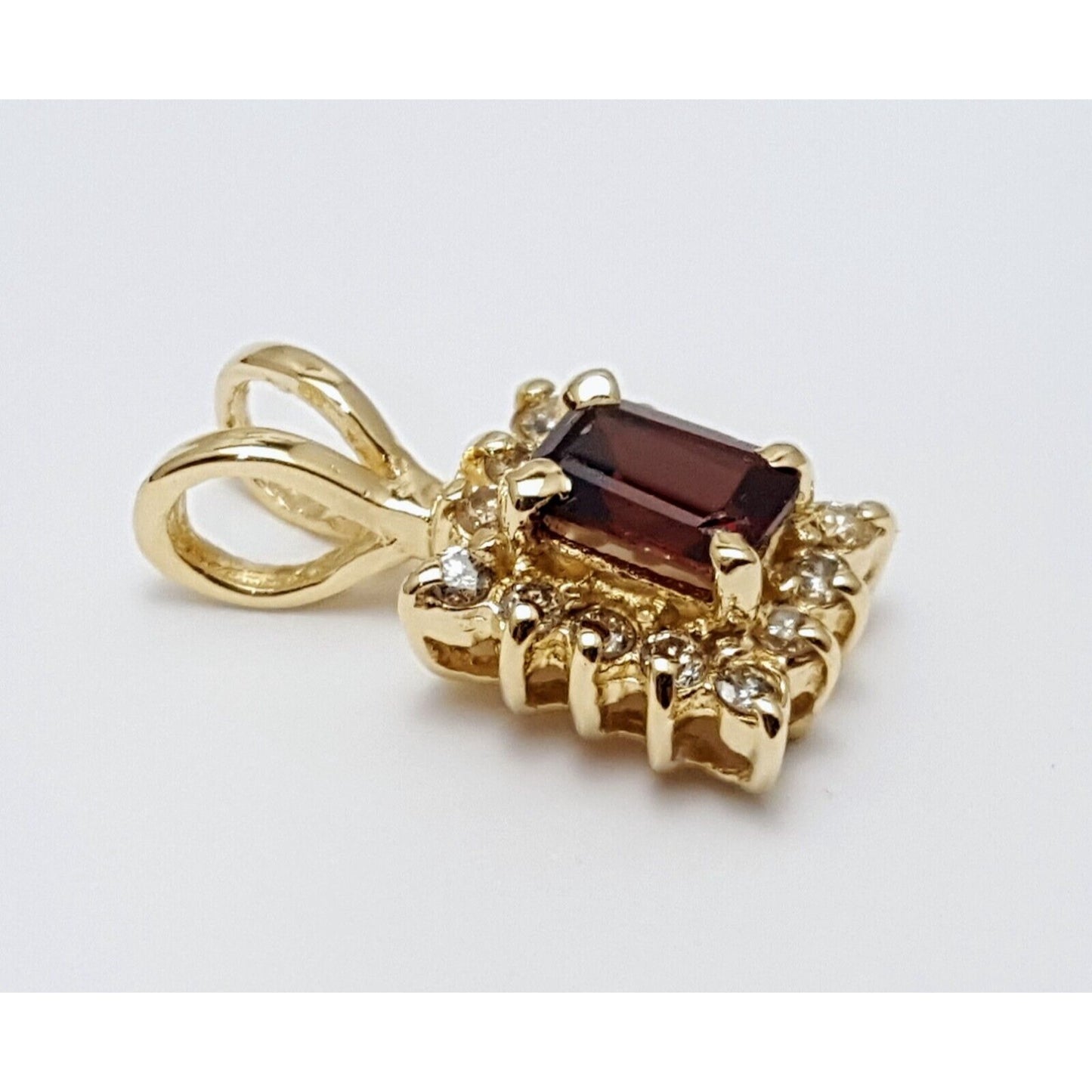 14K Solid Yellow Gold Square Garnet & Diamond Charm Pendant