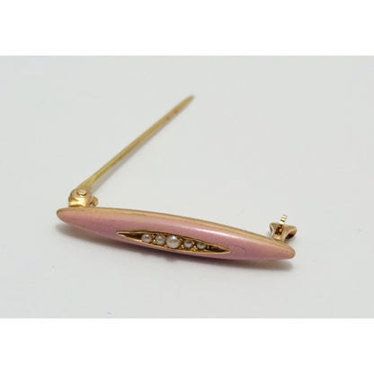 Vintage 14K Yellow Gold Pearls & Rose Enamel Brooch Pin