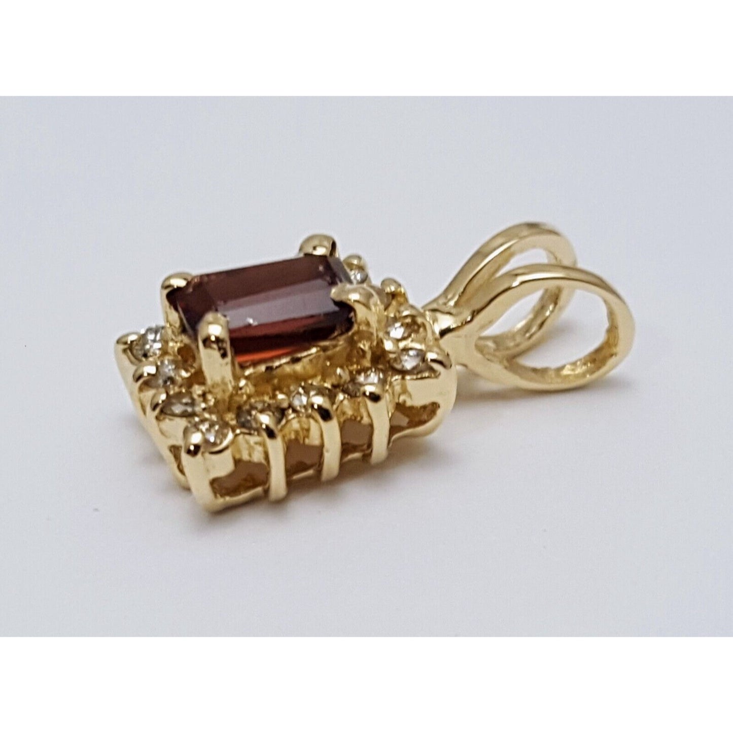 14K Solid Yellow Gold Square Garnet & Diamond Charm Pendant