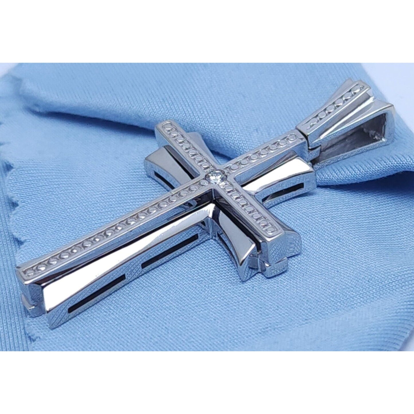 14K Solid White Gold Diamond Cross Pendant Charm