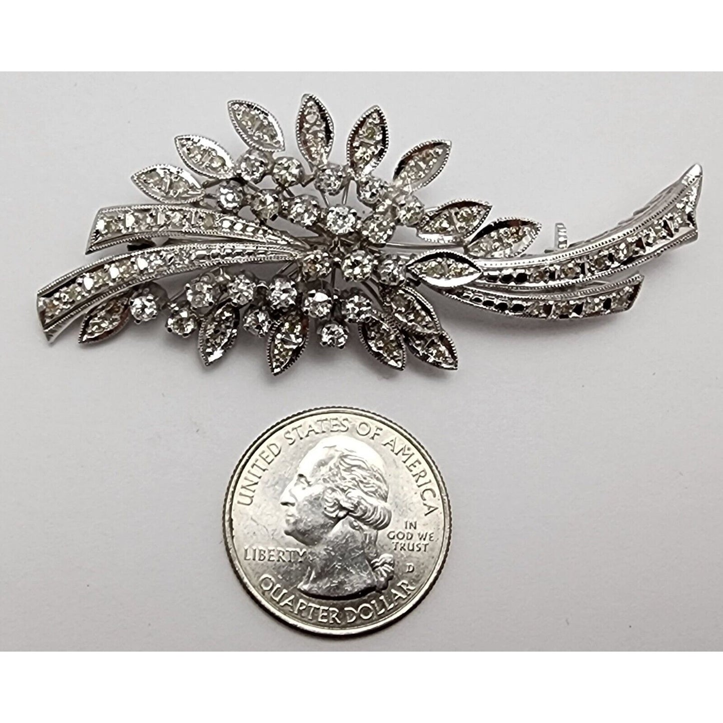 Vintage 10K White Gold Flowers Leaf Old Cut Diamond Brooch Pin