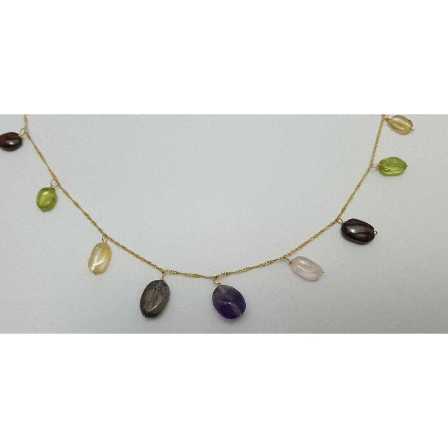 18K Yellow Gold Multi Colored Gemstones Garnet Peridot Amethyst Chain Necklace