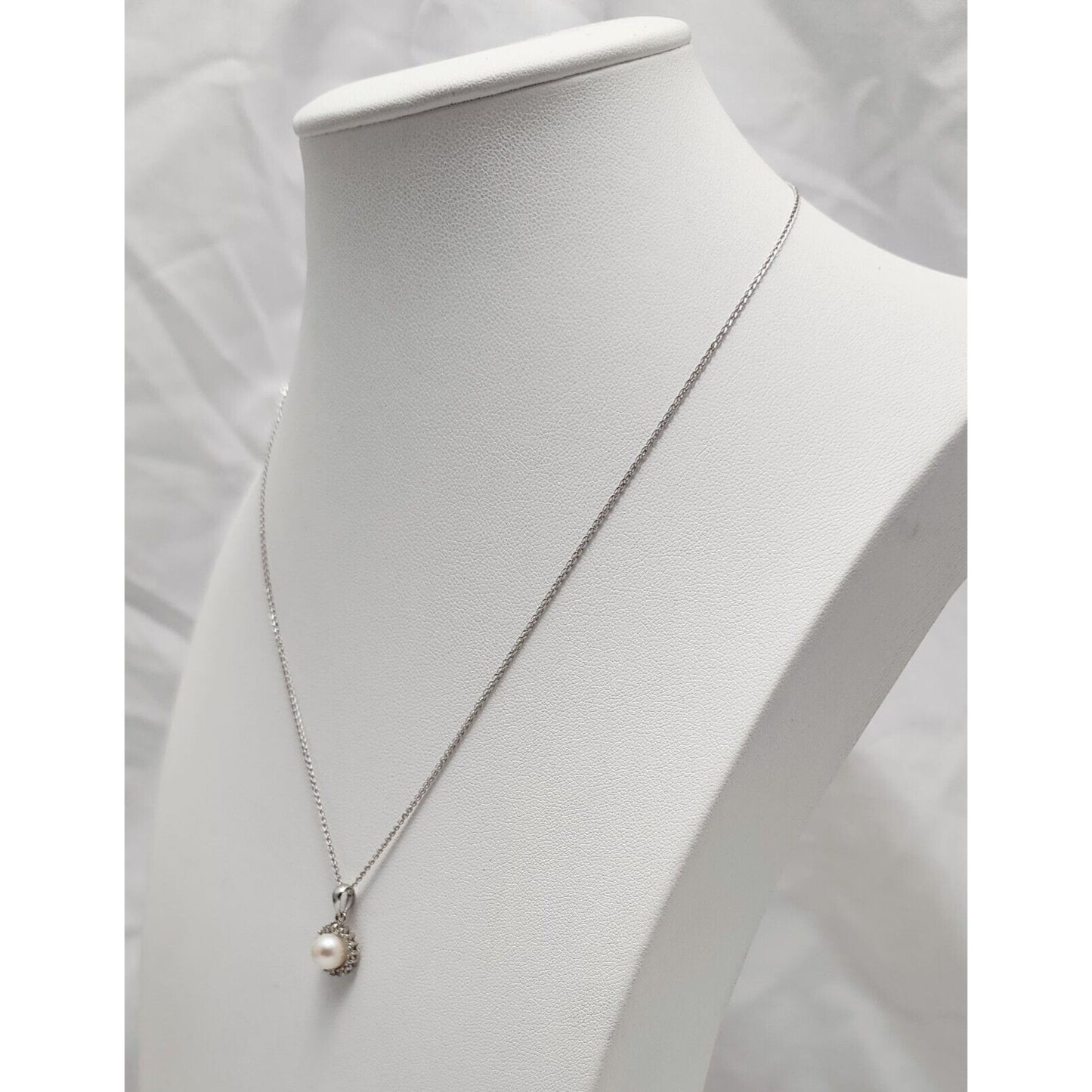 14K White Gold Pearl & Diamond Charm Pendant Link Chain Necklace