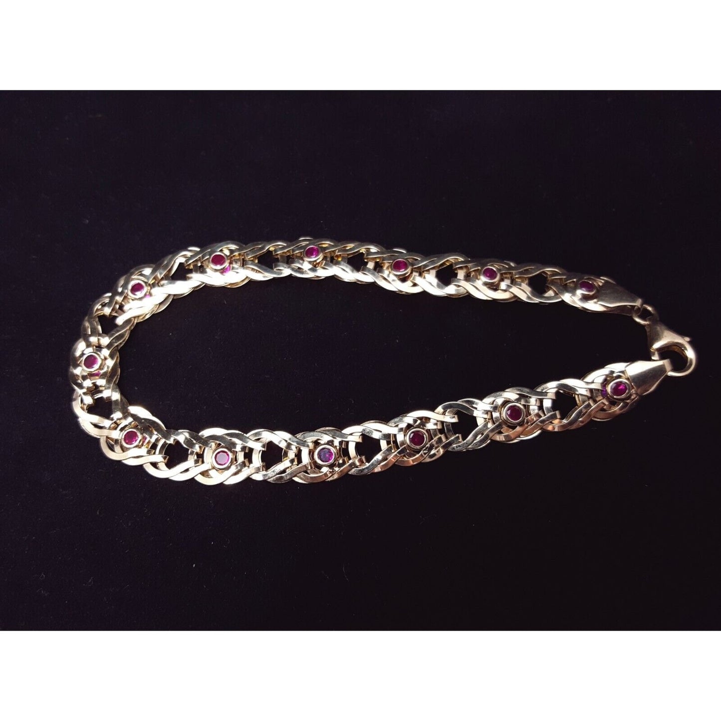 10K Solid Yellow Gold Double Sided Cubic Zirconia & Ruby Flat Link Bracelet