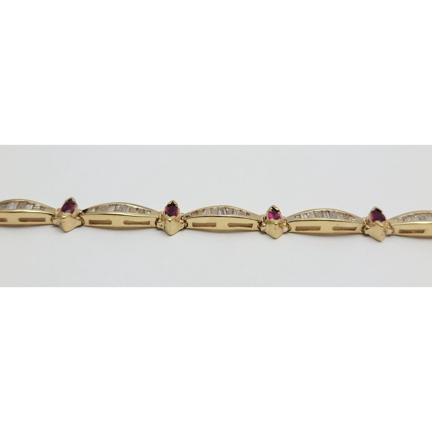 14K Solid Yellow Gold Designer Ruby & Diamond Tennis Link Bracelet