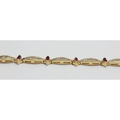 14K Solid Yellow Gold Designer Ruby & Diamond Tennis Link Bracelet