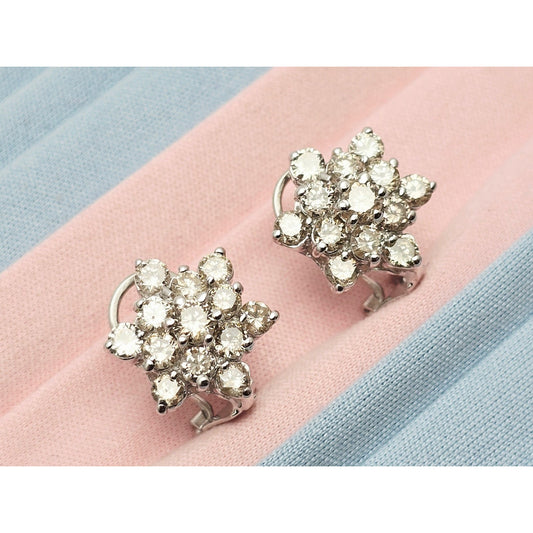 14K White Gold Round Cut Diamond French Clip Flower Earrings