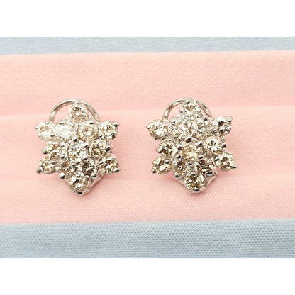 14K White Gold Round Cut Diamond French Clip Flower Earrings