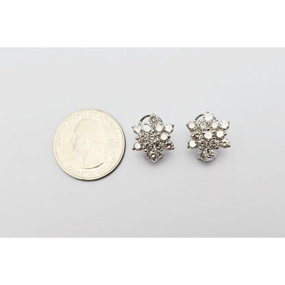 14K White Gold Round Cut Diamond French Clip Flower Earrings