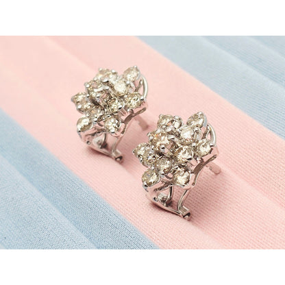 14K White Gold Round Cut Diamond French Clip Flower Earrings