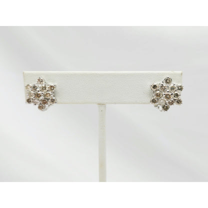 14K White Gold Round Cut Diamond French Clip Flower Earrings