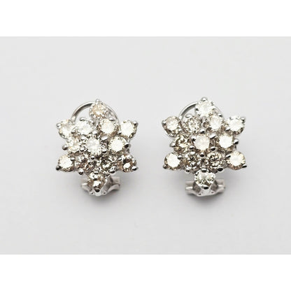 14K White Gold Round Cut Diamond French Clip Flower Earrings