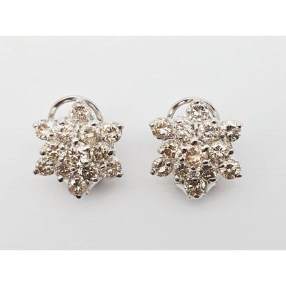14K White Gold Round Cut Diamond French Clip Flower Earrings