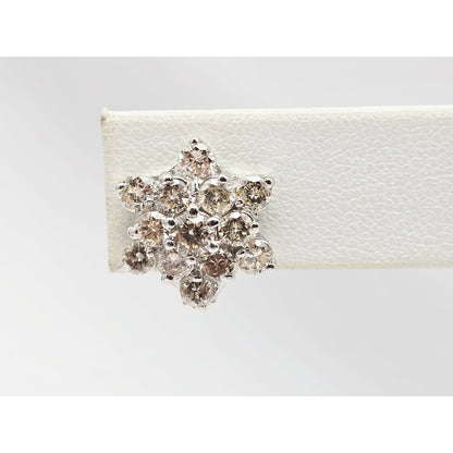 14K White Gold Round Cut Diamond French Clip Flower Earrings