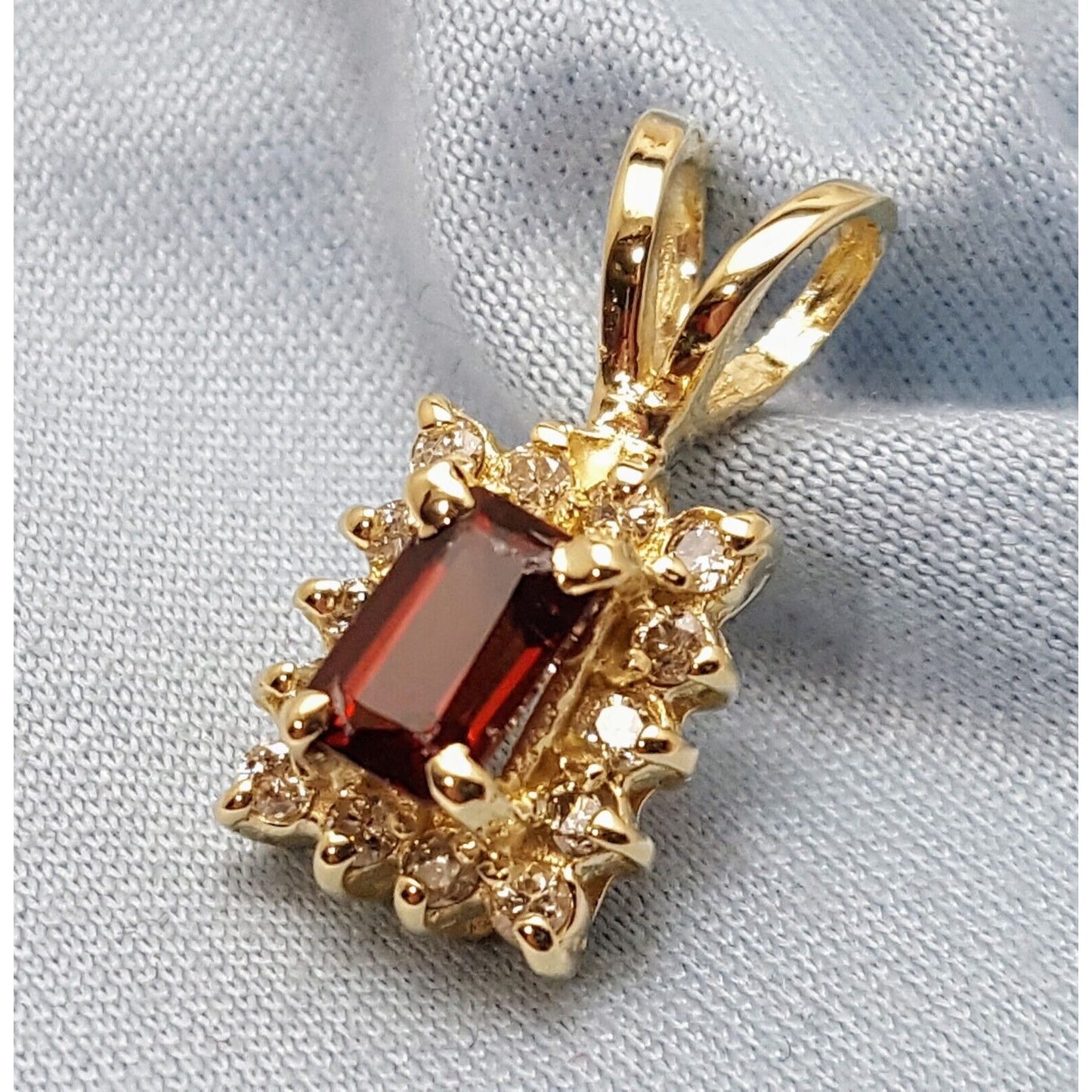 14K Solid Yellow Gold Square Garnet & Diamond Charm Pendant