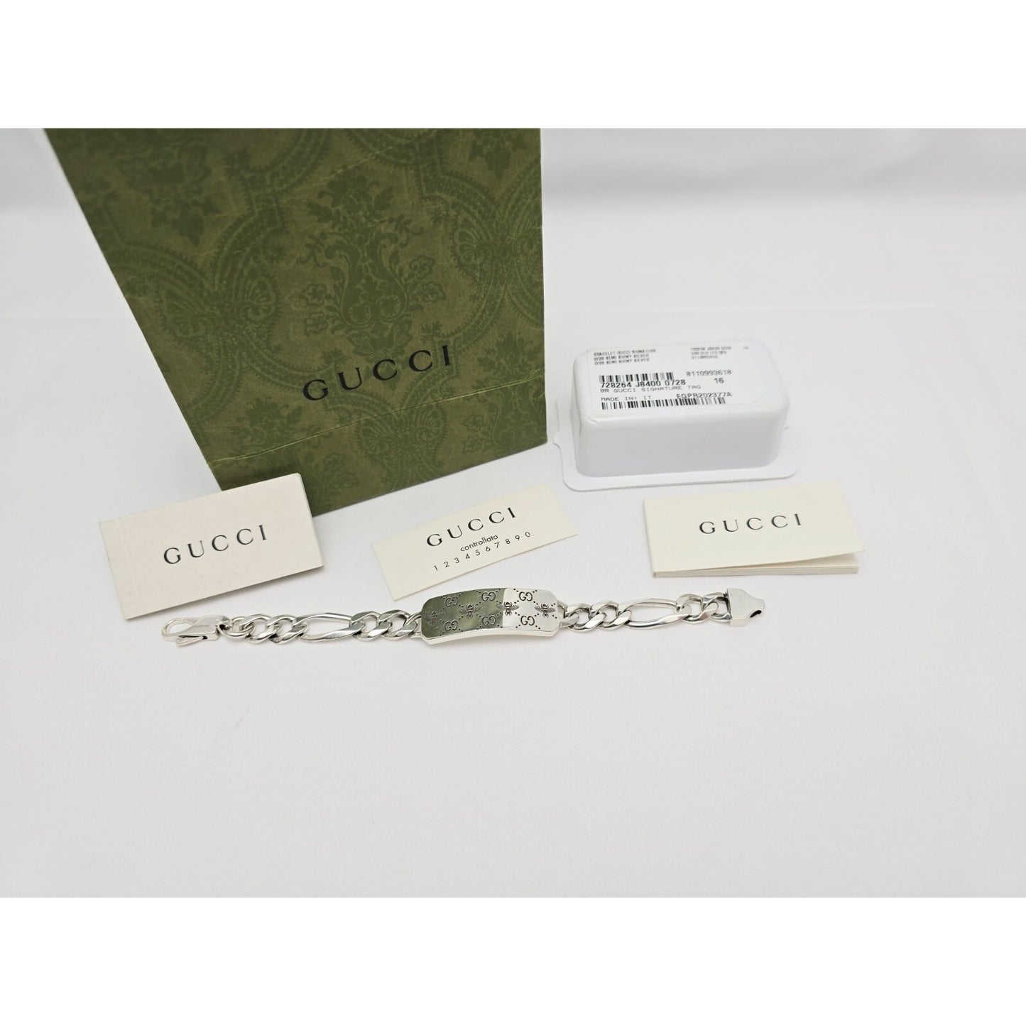 Gucci Sterling Silver 925 Signature Bee Motif and GG Link ID Bracelet