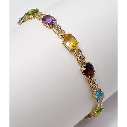 10K Solid Multi Tone Gold Multi Colored Gemstone Tennis Link Bracelet