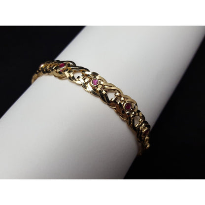 10K Solid Yellow Gold Double Sided Cubic Zirconia & Ruby Flat Link Bracelet