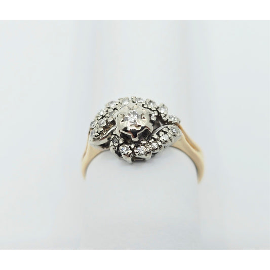 14K Two Tone Gold Spiral Floral Cluster Diamond Ring