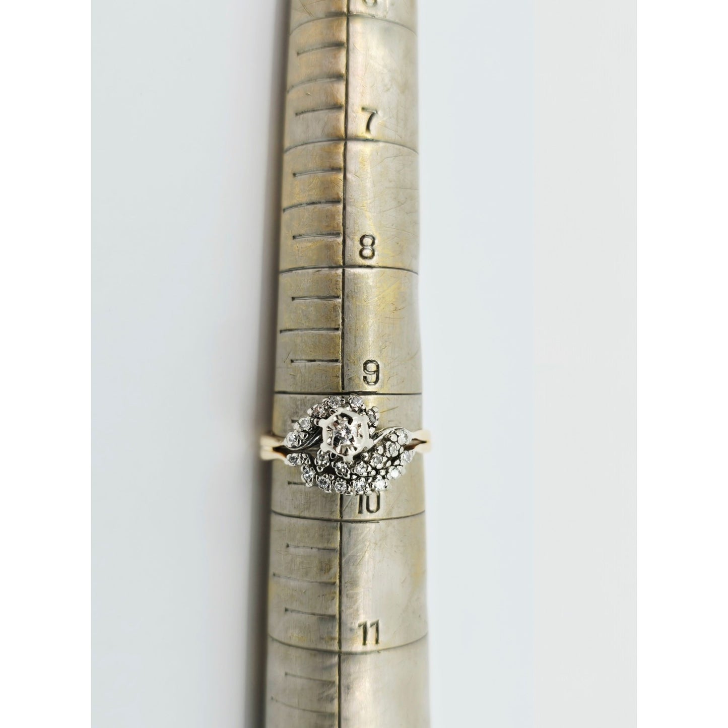 14K Two Tone Gold Spiral Floral Cluster Diamond Ring
