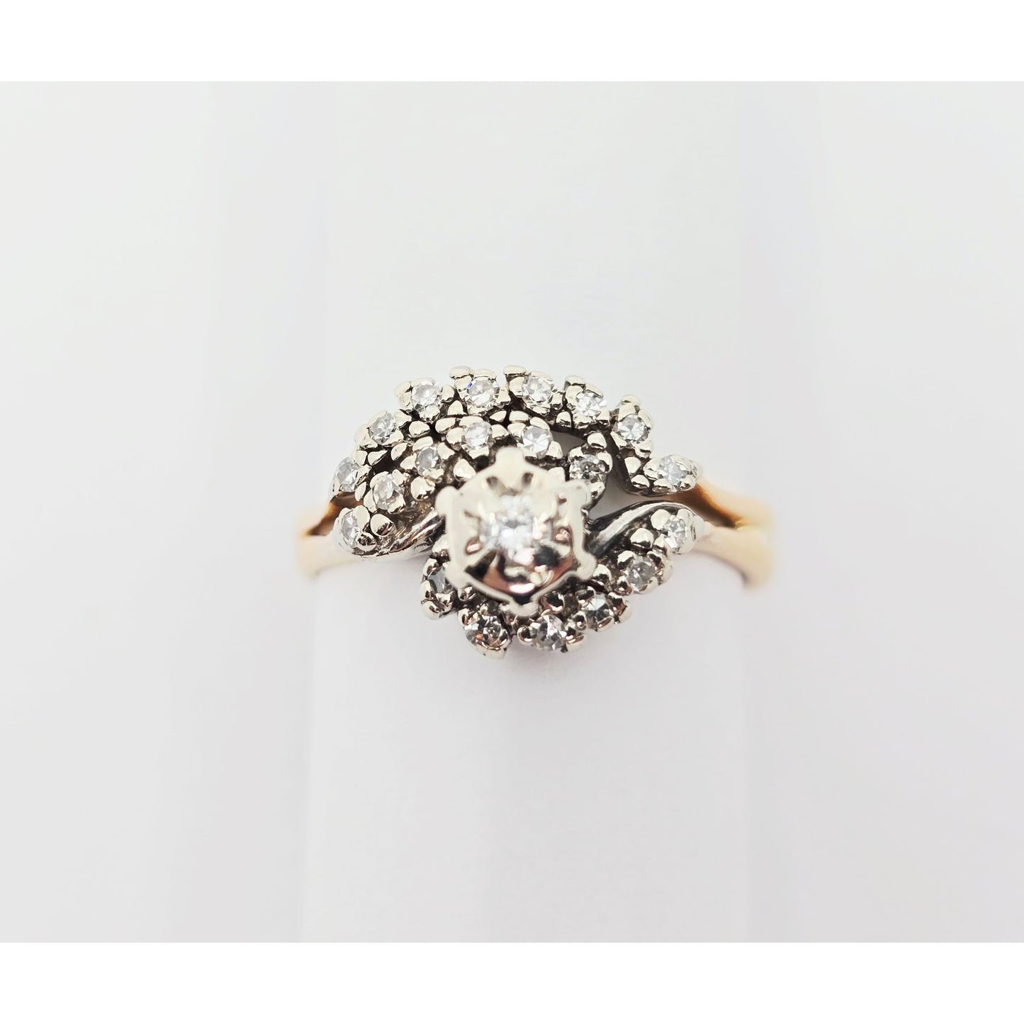 14K Two Tone Gold Spiral Floral Cluster Diamond Ring
