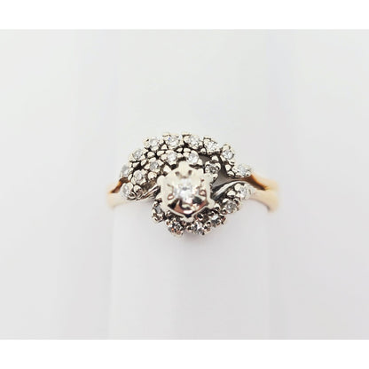 14K Two Tone Gold Spiral Floral Cluster Diamond Ring