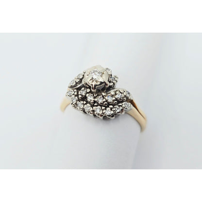 14K Two Tone Gold Spiral Floral Cluster Diamond Ring