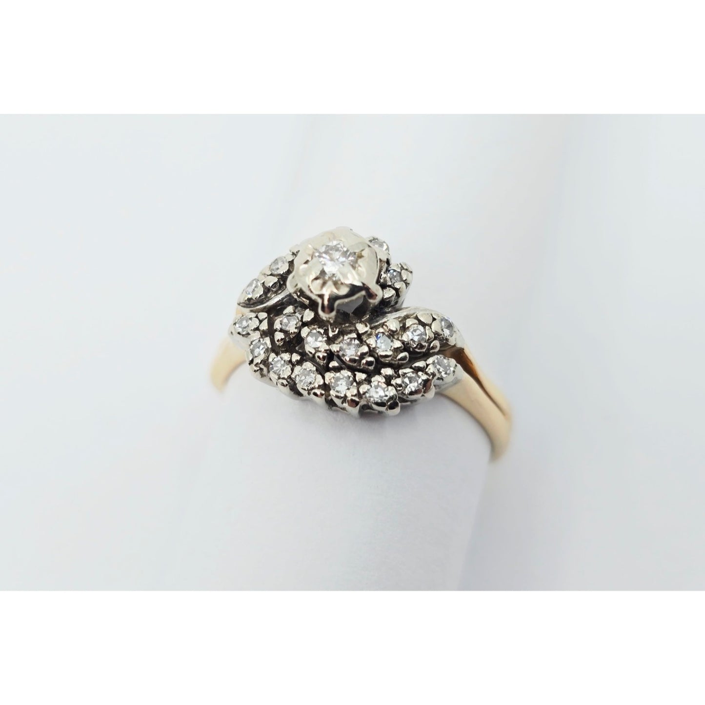 14K Two Tone Gold Spiral Floral Cluster Diamond Ring
