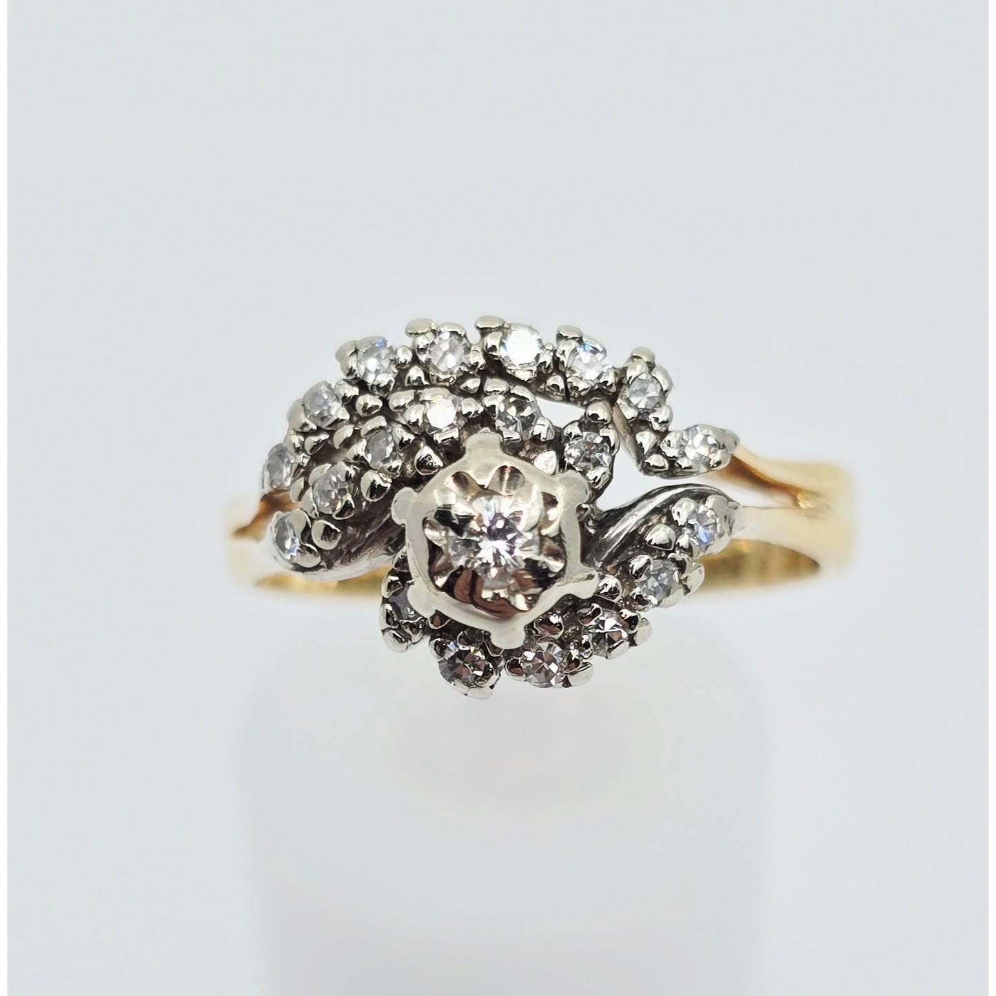 14K Two Tone Gold Spiral Floral Cluster Diamond Ring