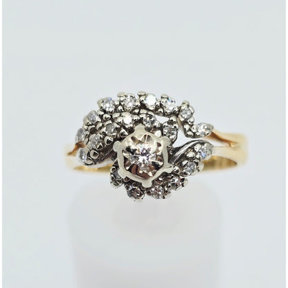 14K Two Tone Gold Spiral Floral Cluster Diamond Ring