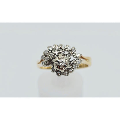 14K Two Tone Gold Spiral Floral Cluster Diamond Ring