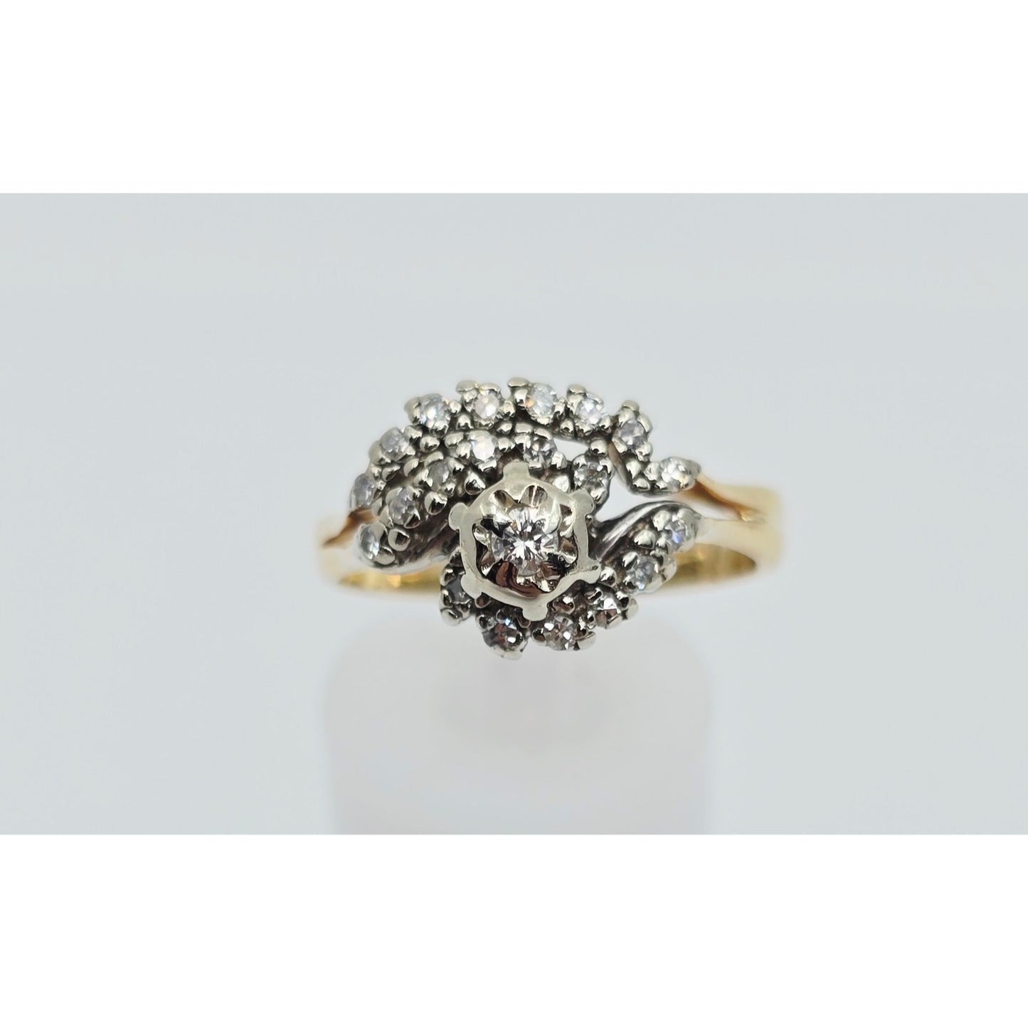 14K Two Tone Gold Spiral Floral Cluster Diamond Ring