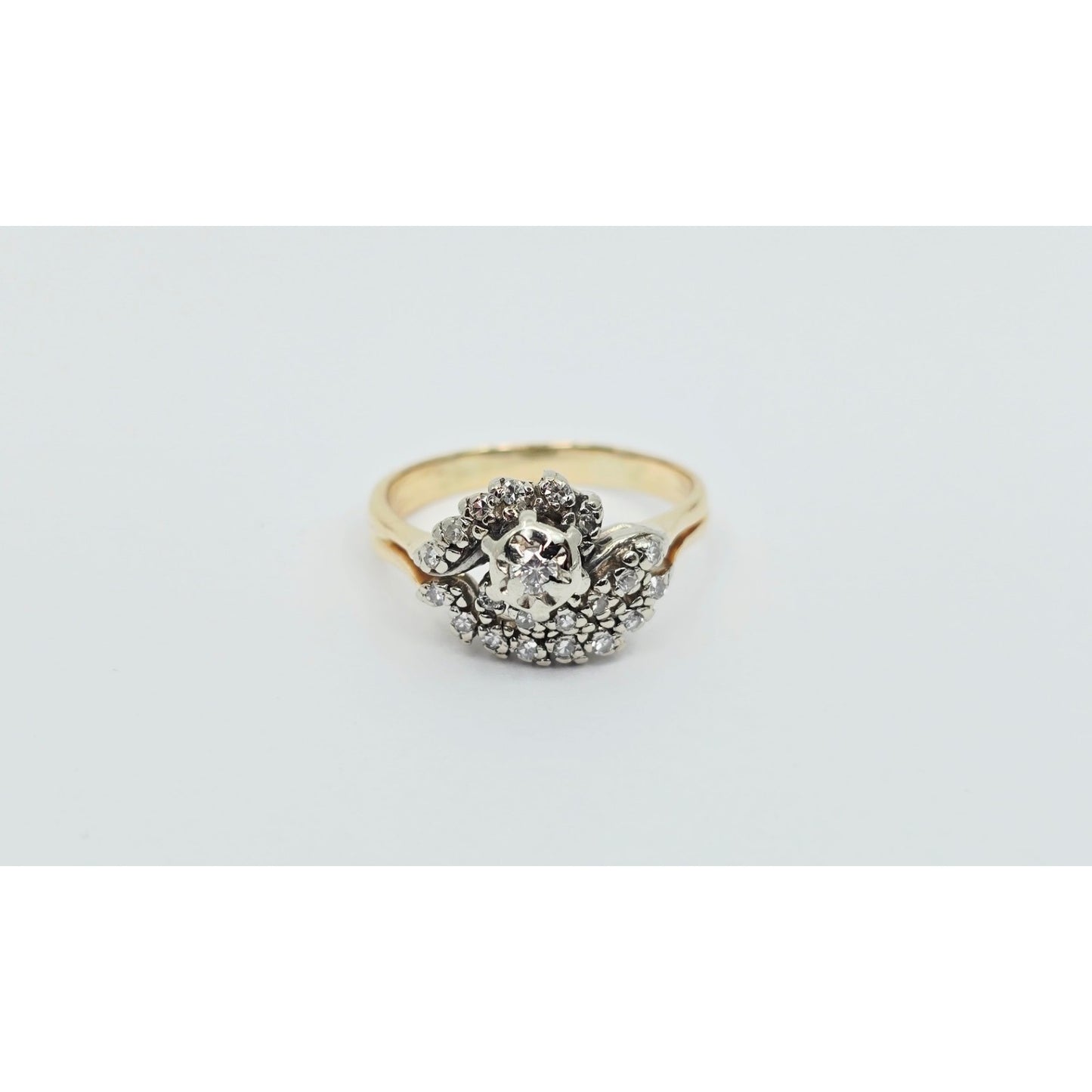 14K Two Tone Gold Spiral Floral Cluster Diamond Ring