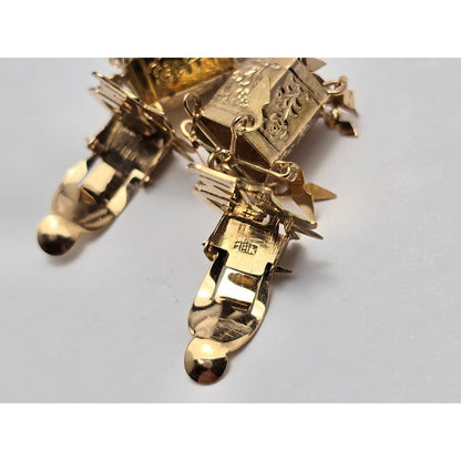 18K Yellow Gold Dangle Drop Chinese Good Luck Non Pierced Earrings