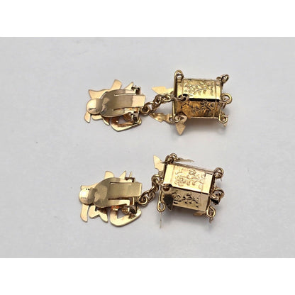 18K Yellow Gold Dangle Drop Chinese Good Luck Non Pierced Earrings