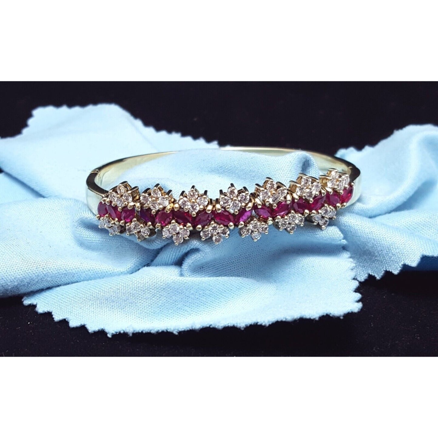 14K Solid Yellow Gold Designer Ruby & Diamond Bangle Bracelet