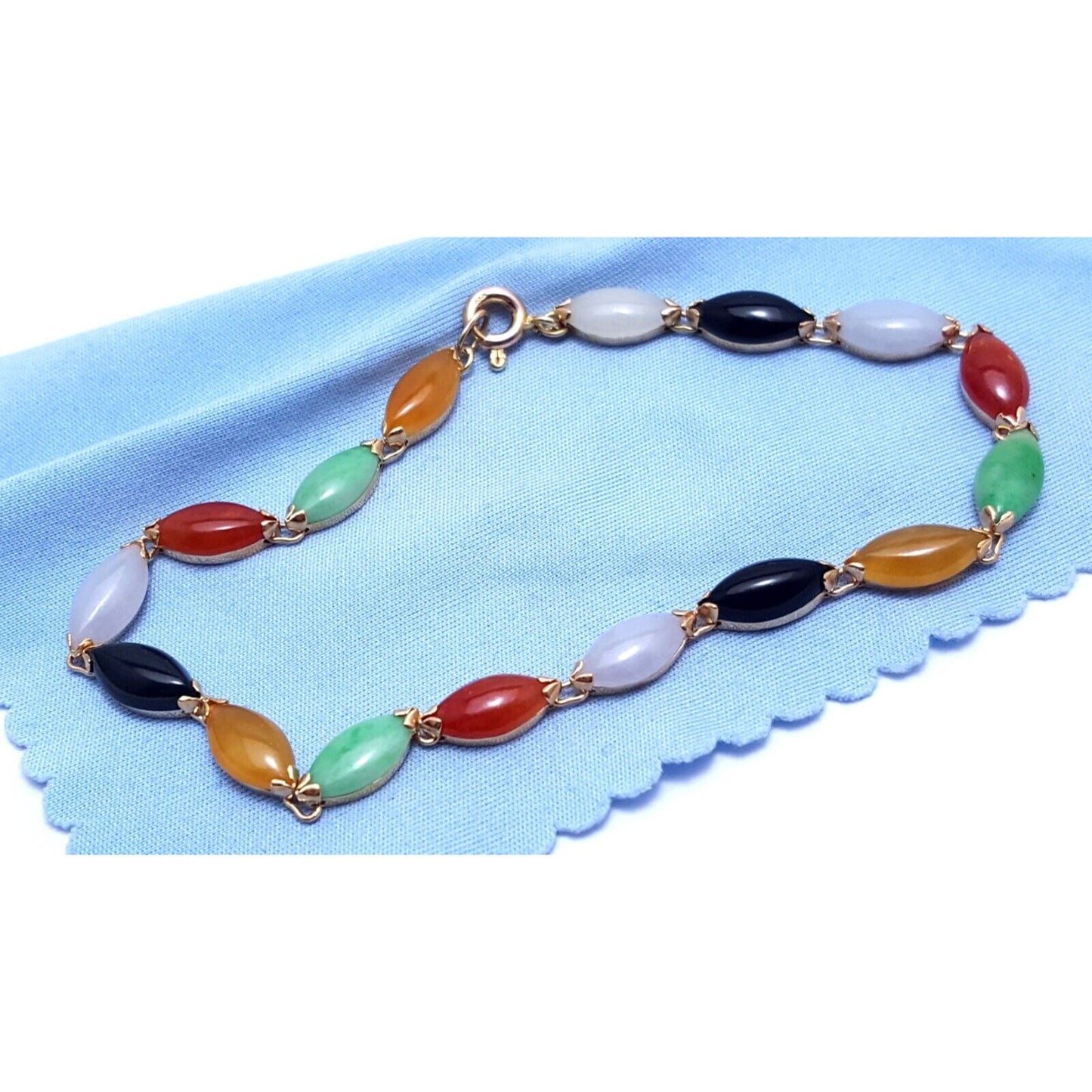 14K Solid Yellow Gold Multi Color Gemstone Link Bracelet