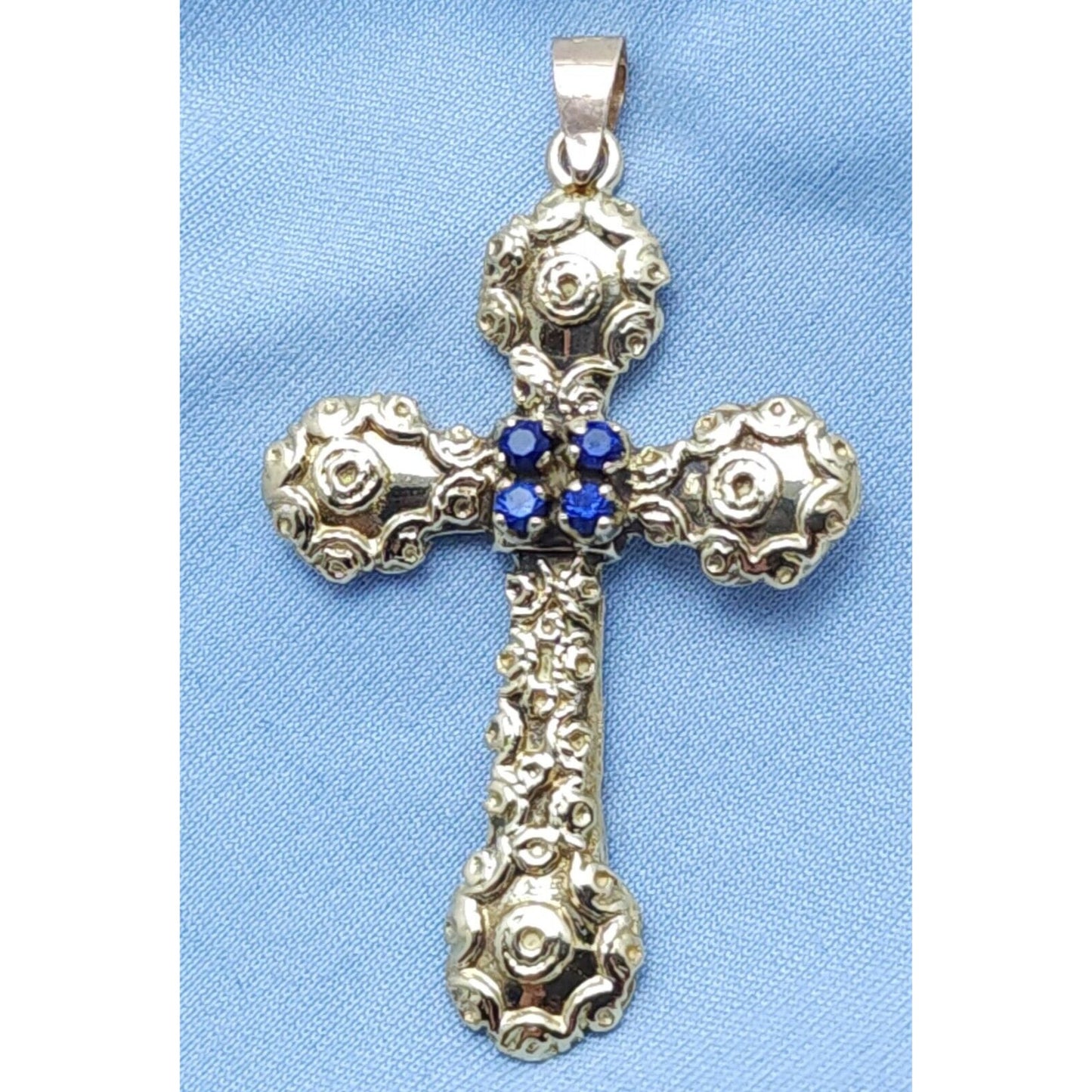 18K Solid Yellow Gold Religious Sapphire Cross Charm Pendant