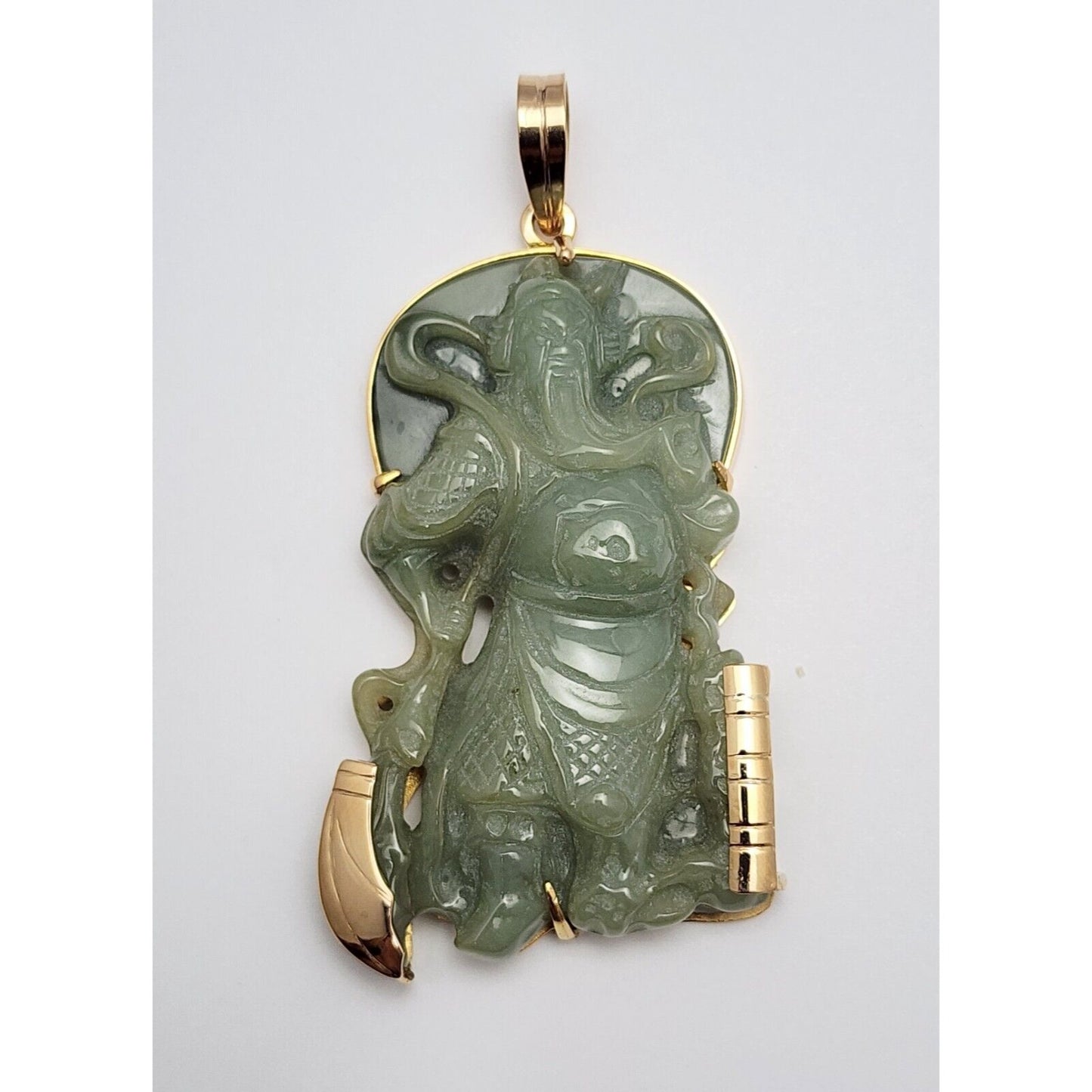 Large 14K Yellow Gold Green Jadeite Jade Guan Yu Guan Gong Carved Charm Pendant