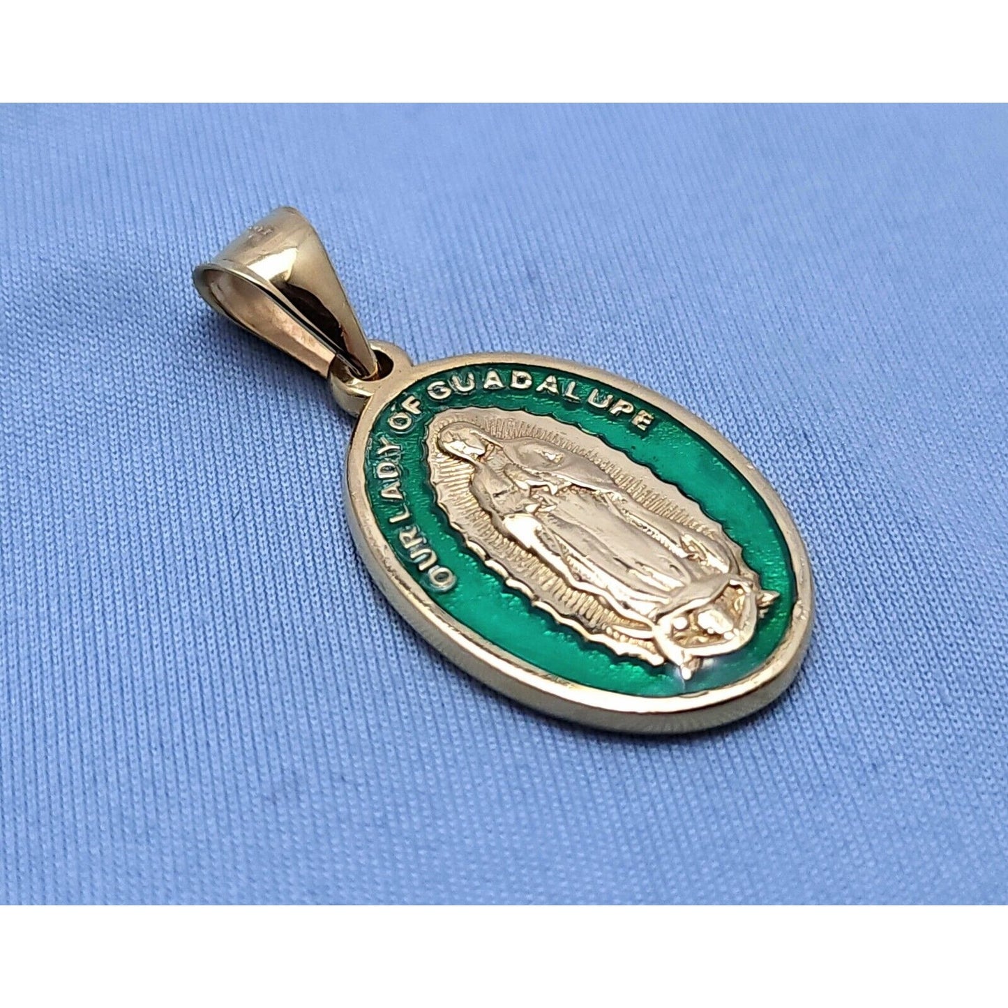 14K Solid Yellow Gold Green Enamel Saint Mary Guadalupe Charm Pendant