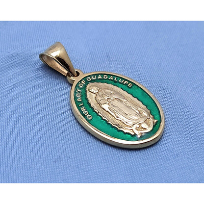 14K Solid Yellow Gold Green Enamel Saint Mary Guadalupe Charm Pendant