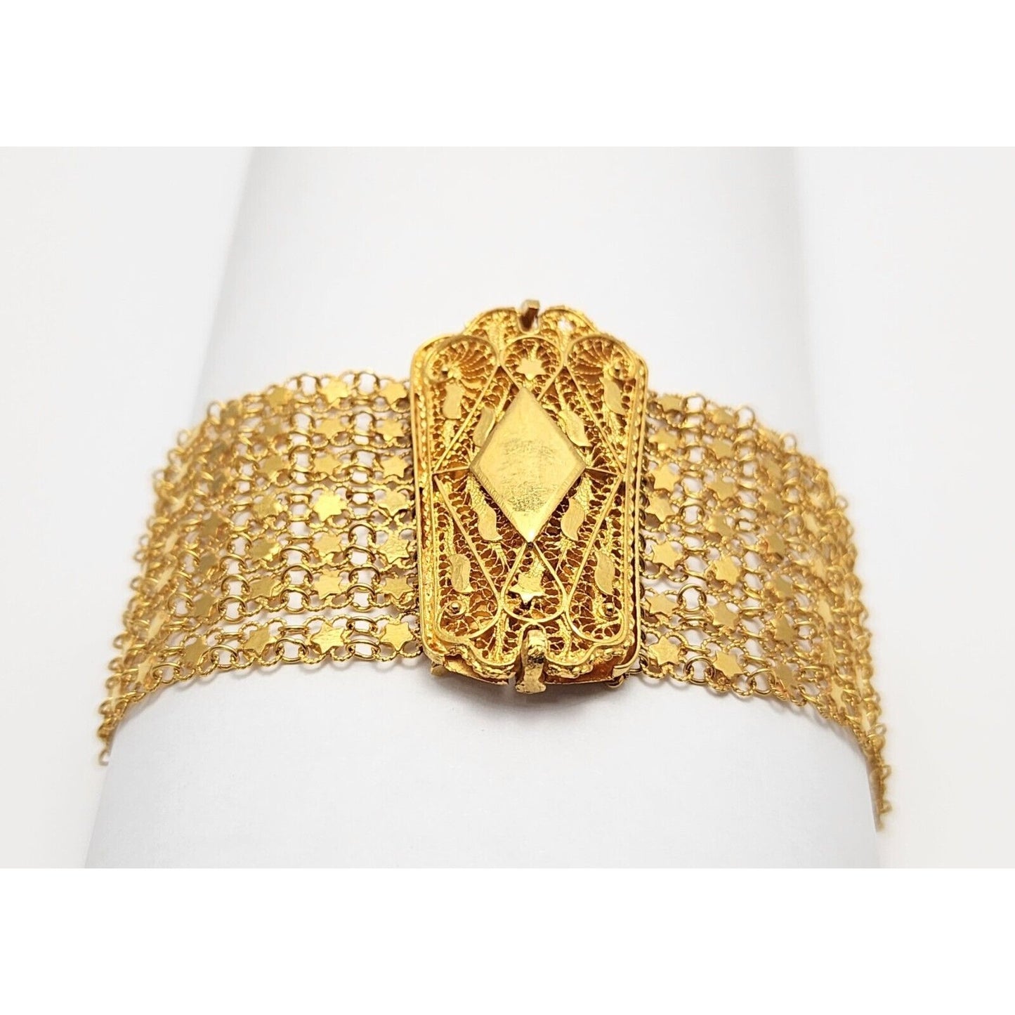 21K Yellow Gold Filigree Stars Multi Link Chain Bracelet