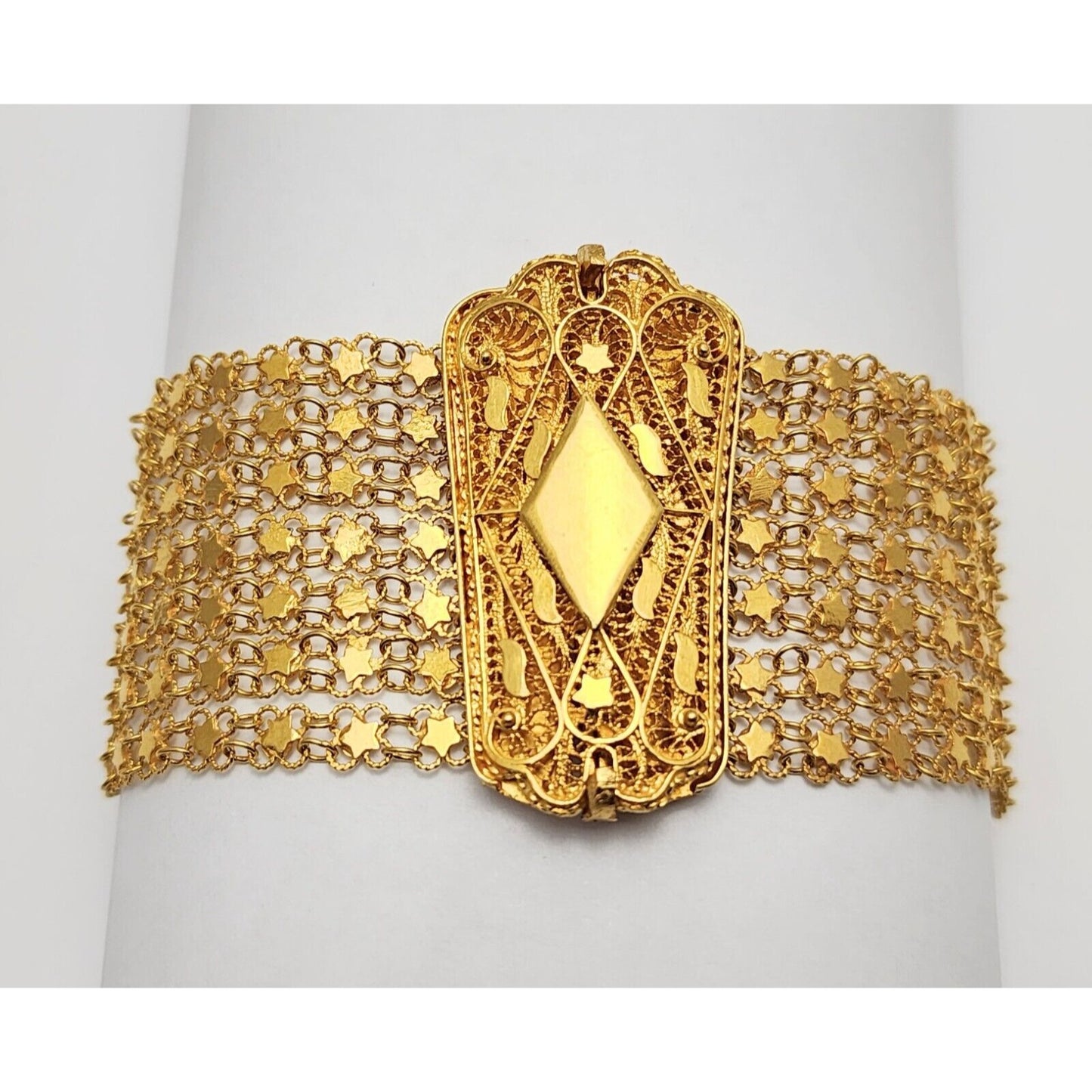 21K Yellow Gold Filigree Stars Multi Link Chain Bracelet