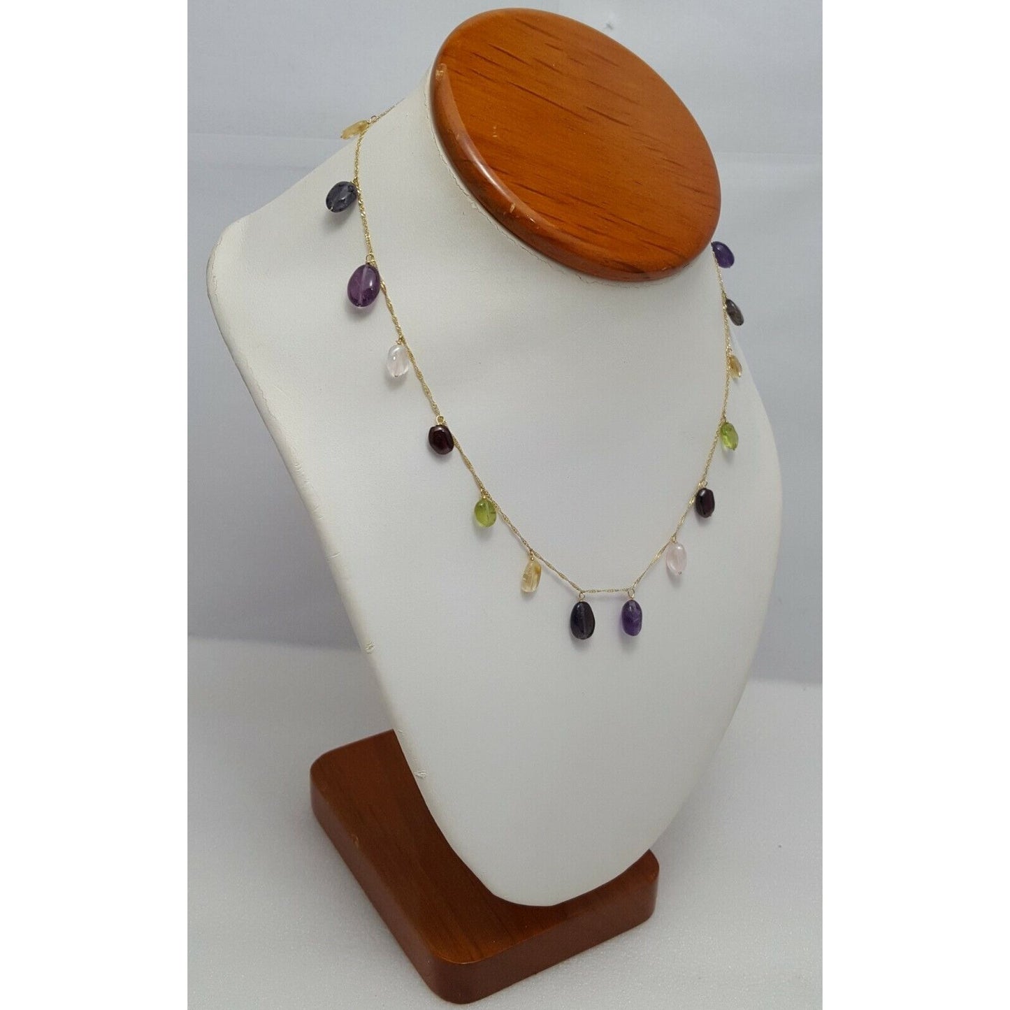 18K Yellow Gold Multi Colored Gemstones Garnet Peridot Amethyst Chain Necklace