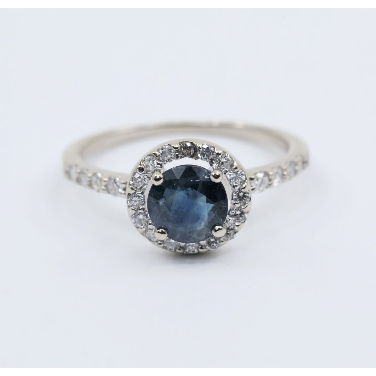 14K White Gold Round Blue Sapphire & Diamond Halo Ring
