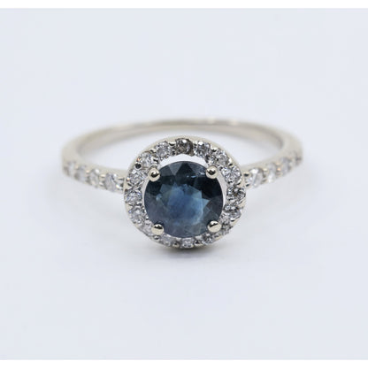 14K White Gold Round Blue Sapphire & Diamond Halo Ring