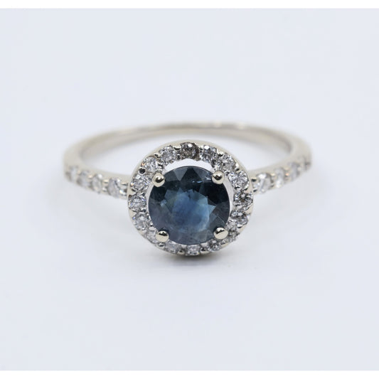 14K White Gold Round Blue Sapphire & Diamond Halo Ring